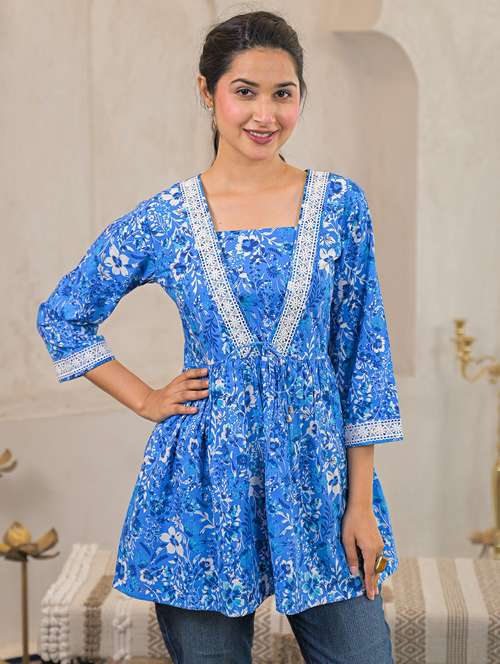 Women Floral Three Quarter Sleeve A Line Kurti