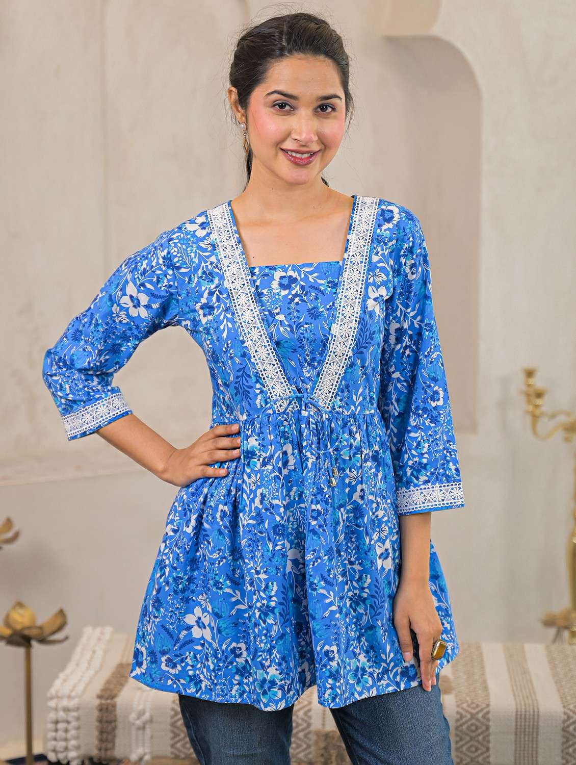women floral three quarter sleeve a-line kurti