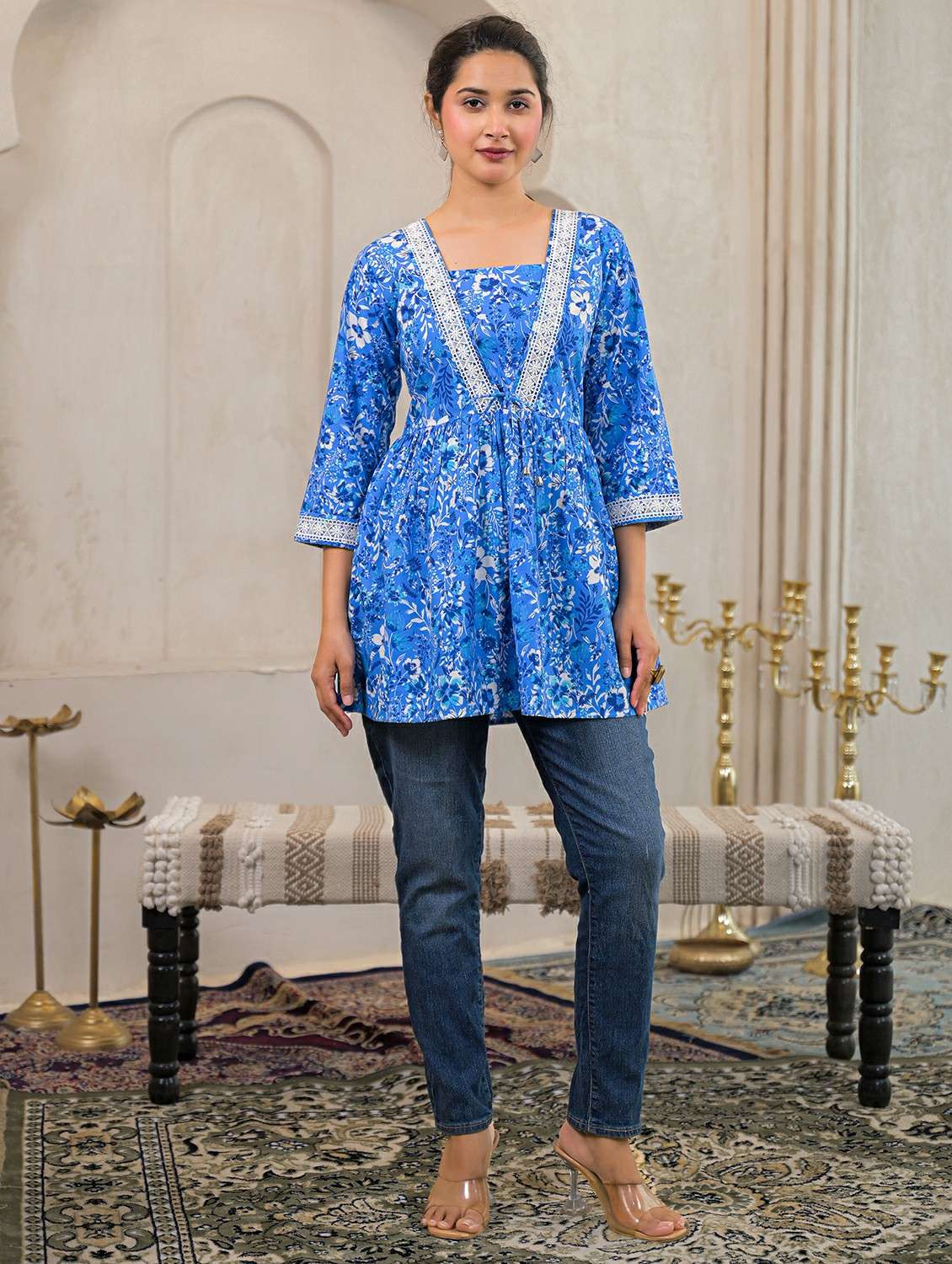 women floral three quarter sleeve a-line kurti - 22473250 -  Standard Image - 3
