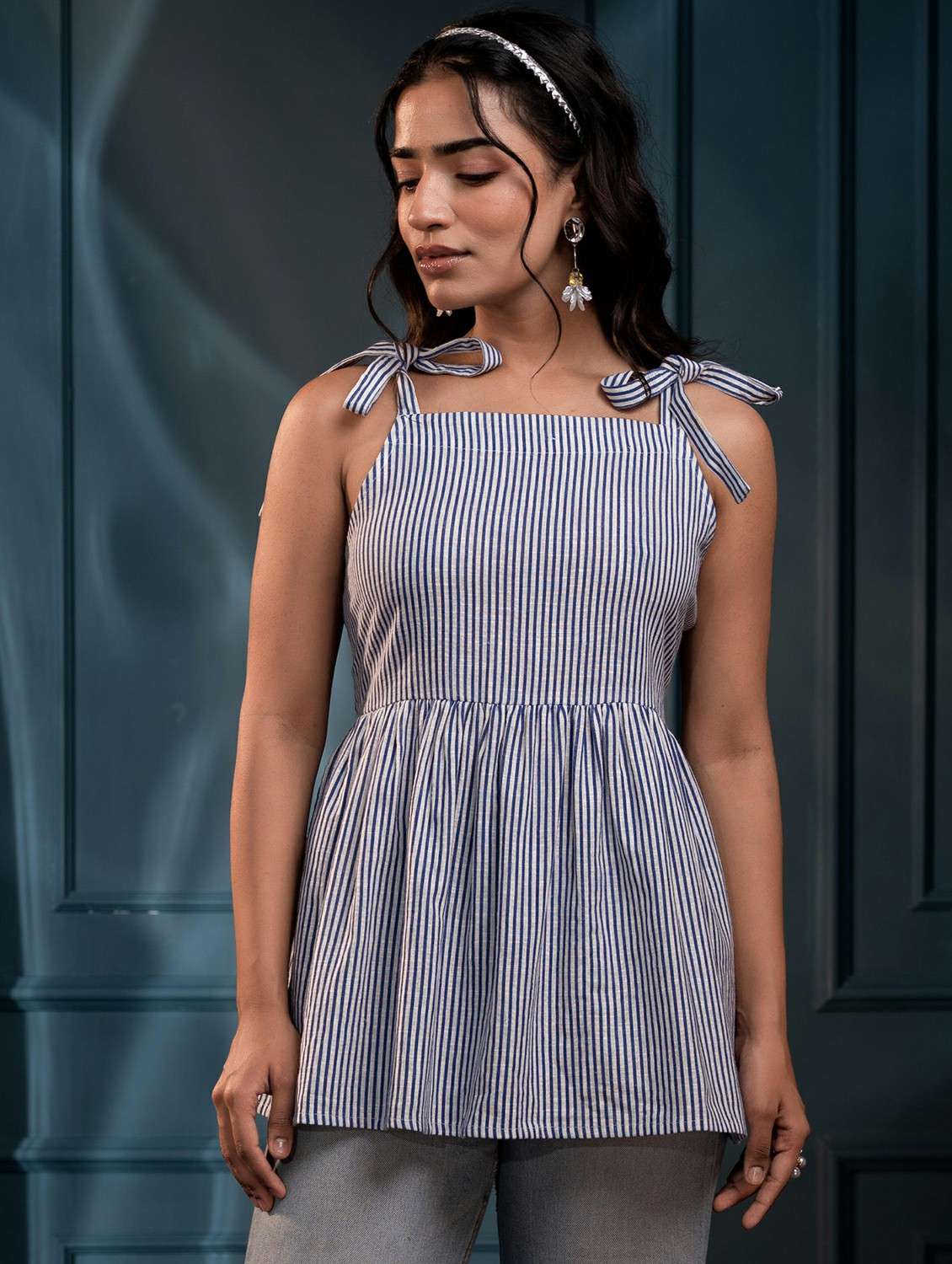 women blue cotton flared top