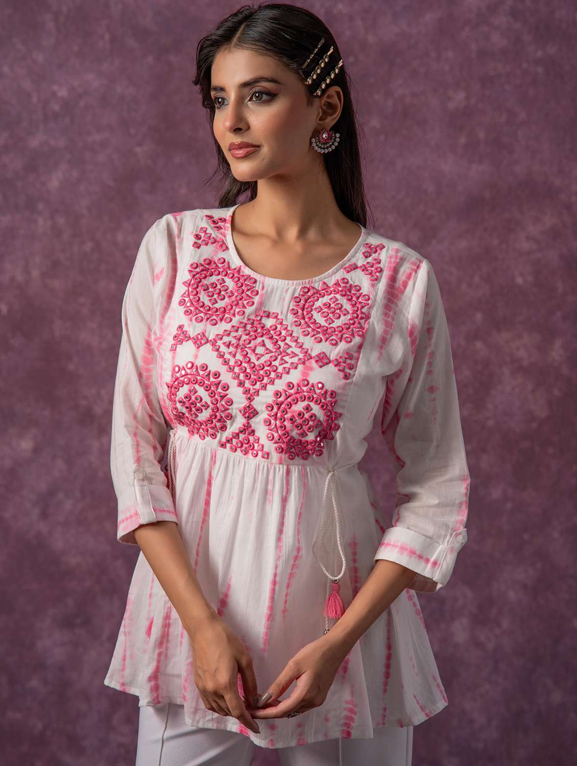 women tie & dye printed three quarter sleeve a-line top