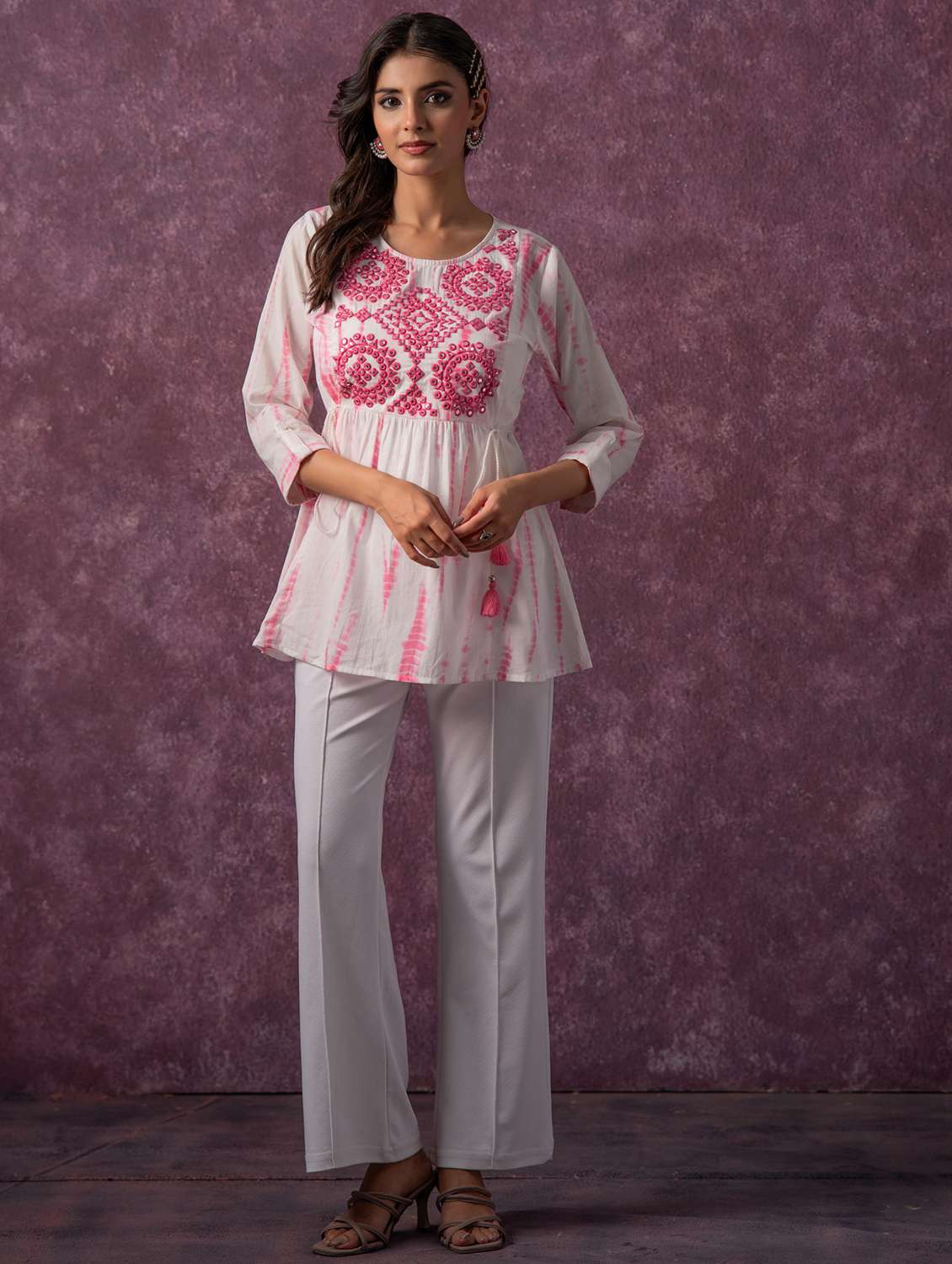 women tie & dye printed three quarter sleeve a-line top - 22473259 -  Standard Image - 3