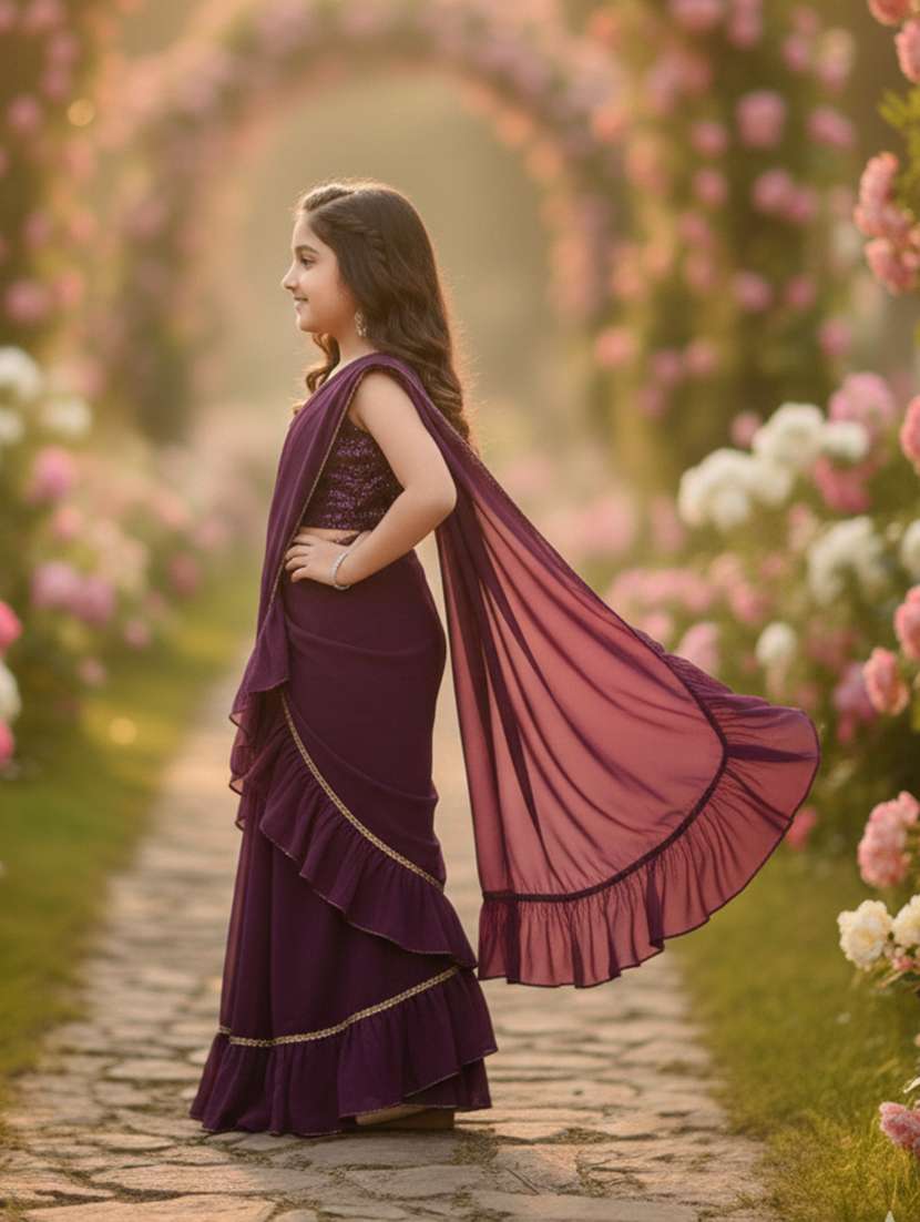 girls purple ready to wear saree - 22473277 -  Standard Image - 3