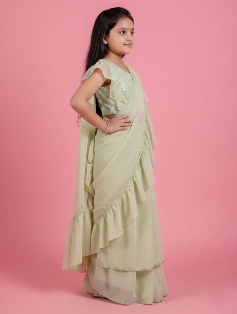 Girls Sea Green Ready To Wear Saree - 22473279 -  Standard Image - 3