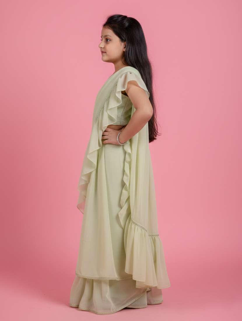 Girls Sea Green Ready To Wear Saree - 22473279 -  Standard Image - 5