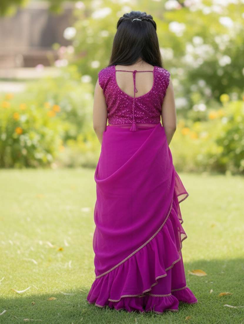 girls magenta ready to wear saree - 22473280 -  Standard Image - 3