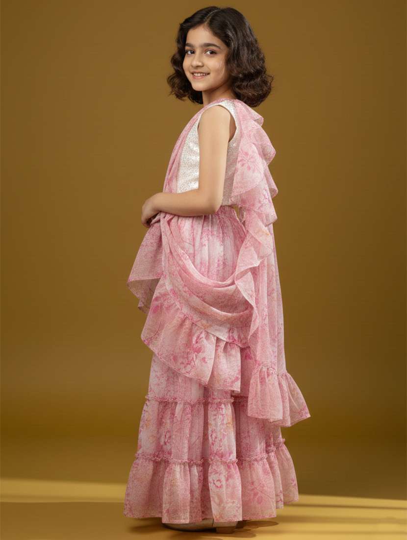 Girl Pink Lehenga Saree Saree - 22473281 -  Standard Image - 3