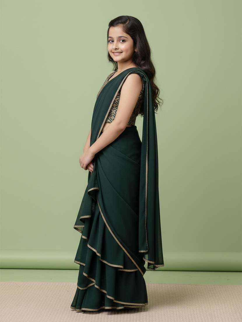 girls green ready to wear saree - 22473284 -  Standard Image - 3