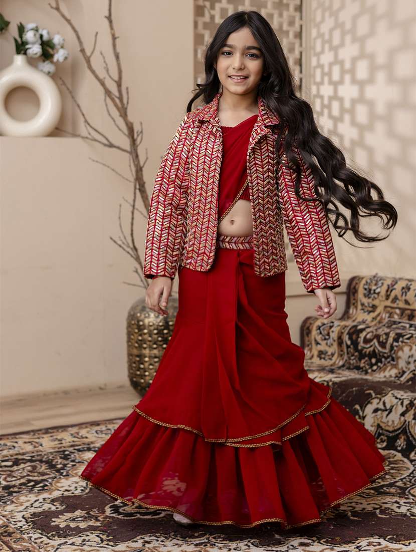 girls red ready to wear saree