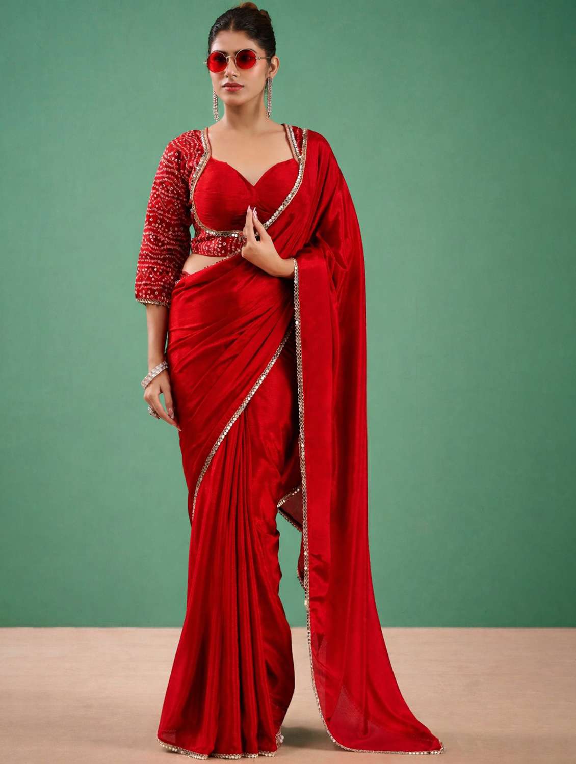 women solid with embellished bordered saree with blouse