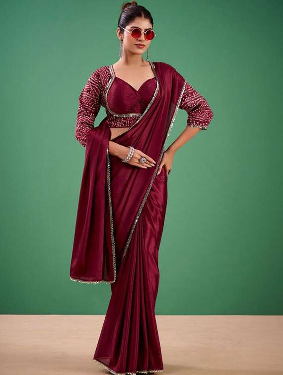 women solid with embellished bordered saree with blouse - 22473288 -  Standard Image - 3