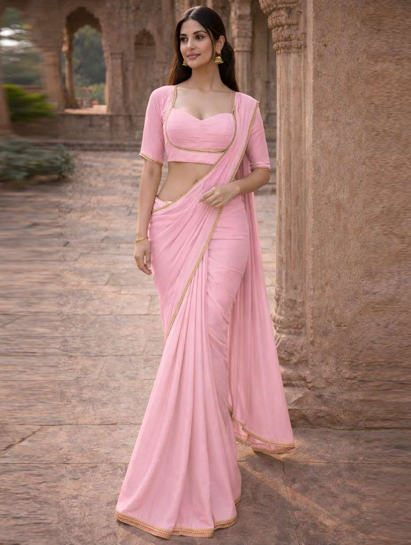 women solid with bordered saree with blouse