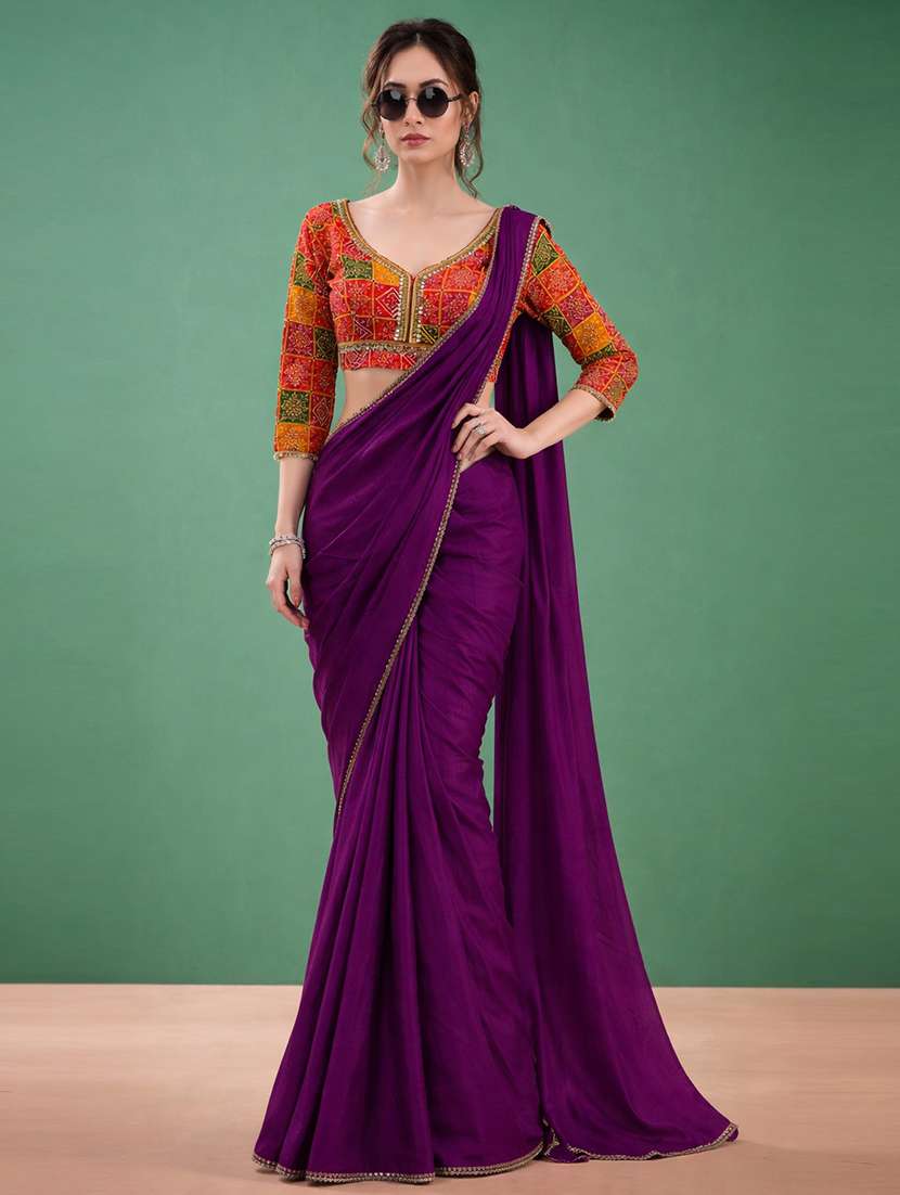women solid with bordered saree with blouse