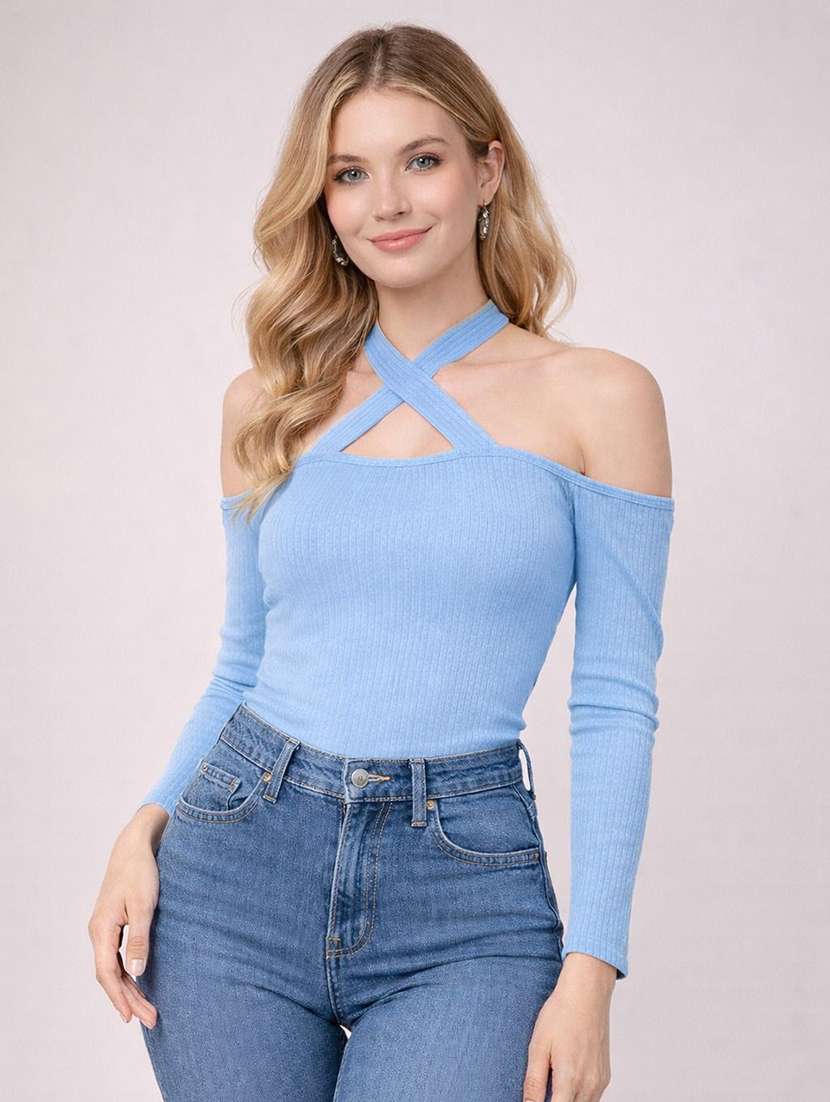 women solid halter neck long sleeve top