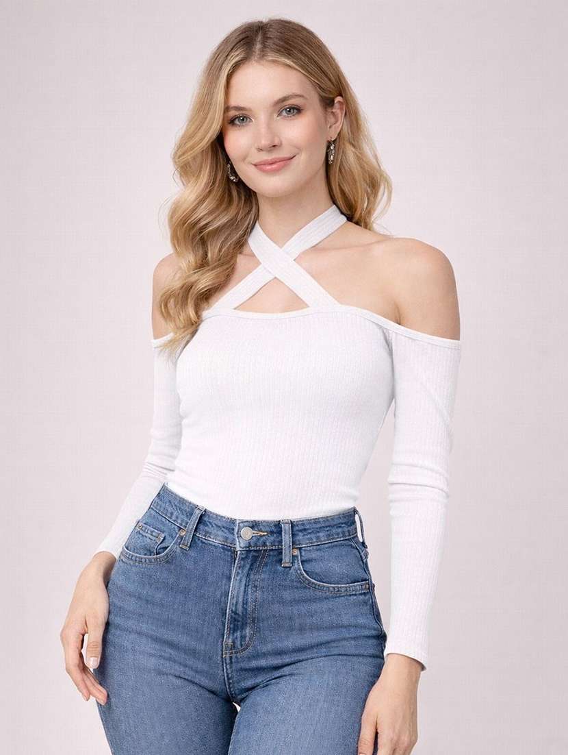 women solid halter neck long sleeve top
