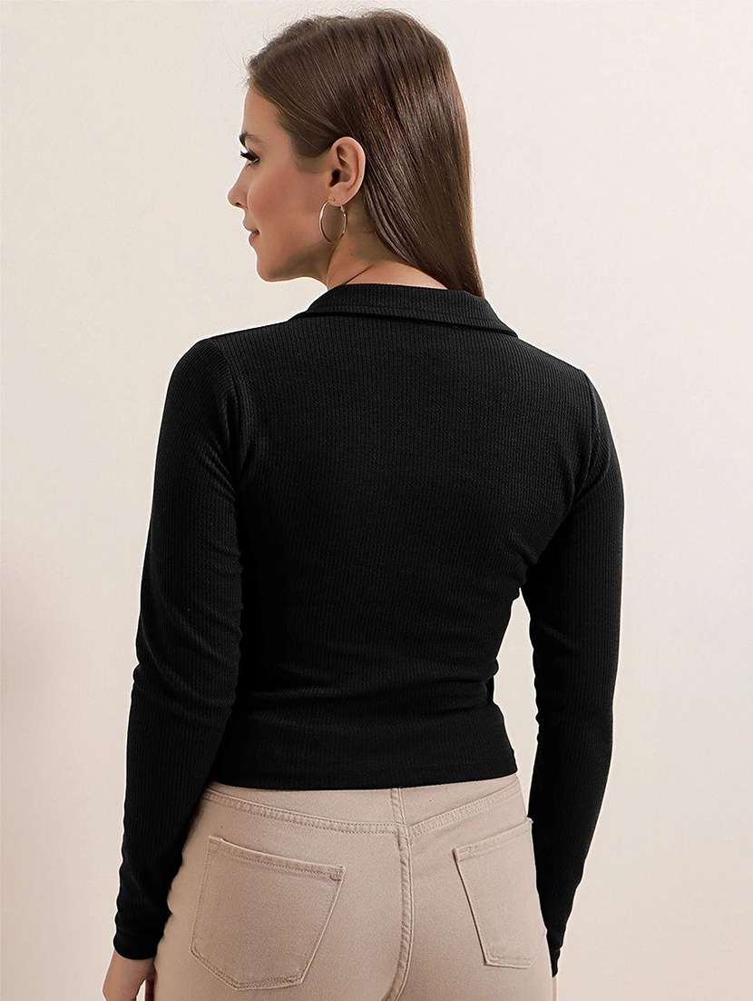 women solid long sleeve polo top - 22473322 -  Standard Image - 3