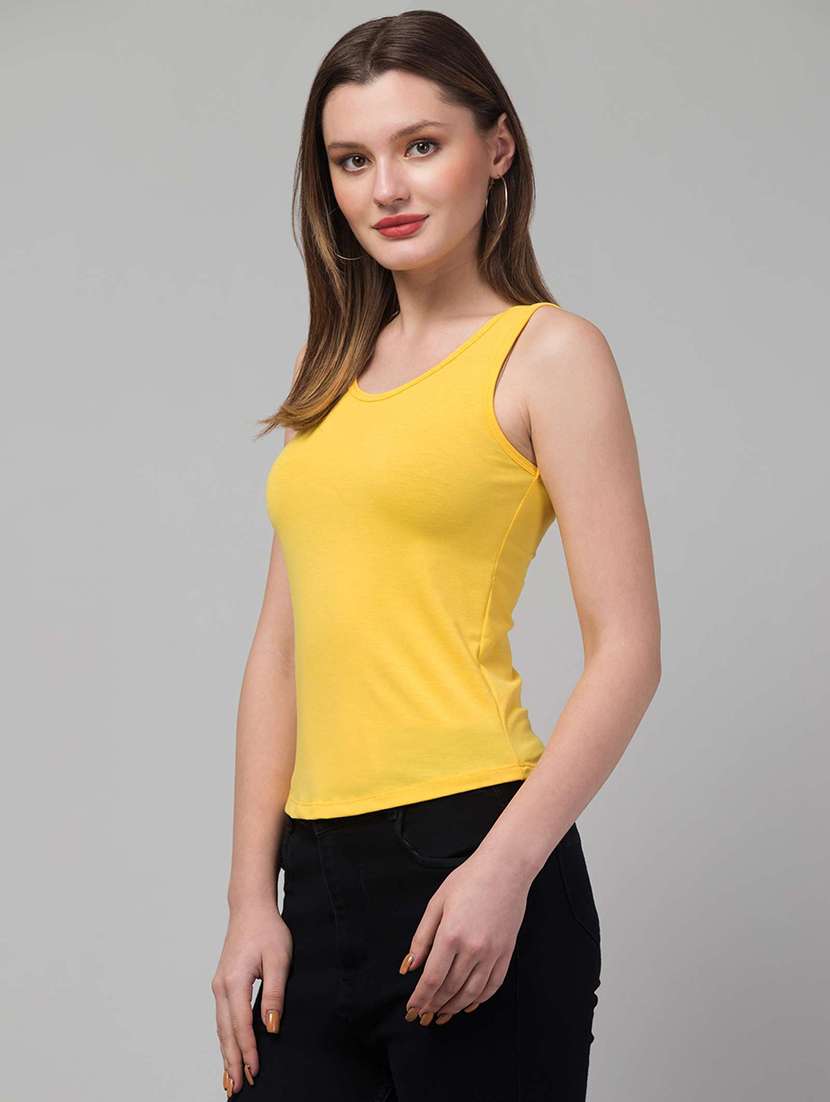 women solid yellow viscose tank top top