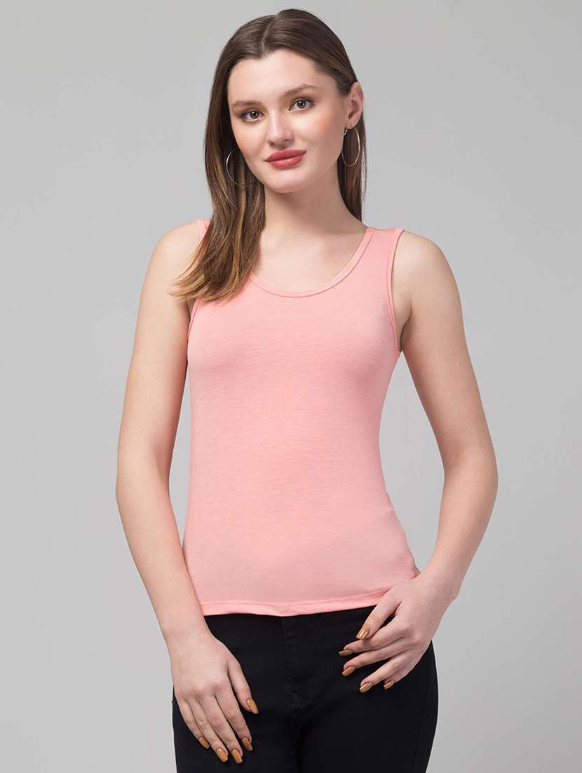 women solid pink viscose tank top top