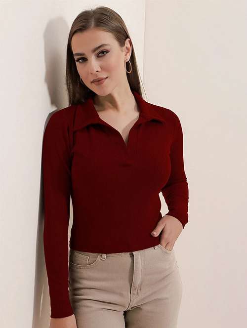 Women Solid Maroon Viscose Regular Top
