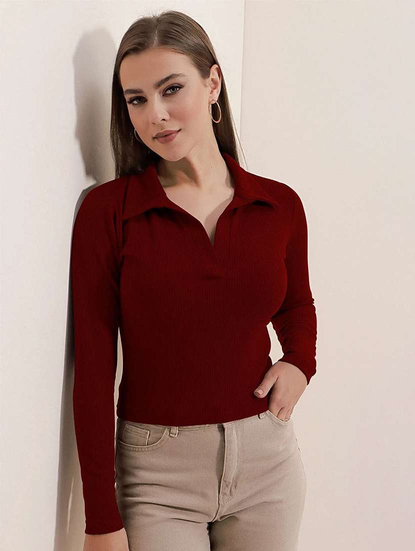 women solid maroon viscose regular top