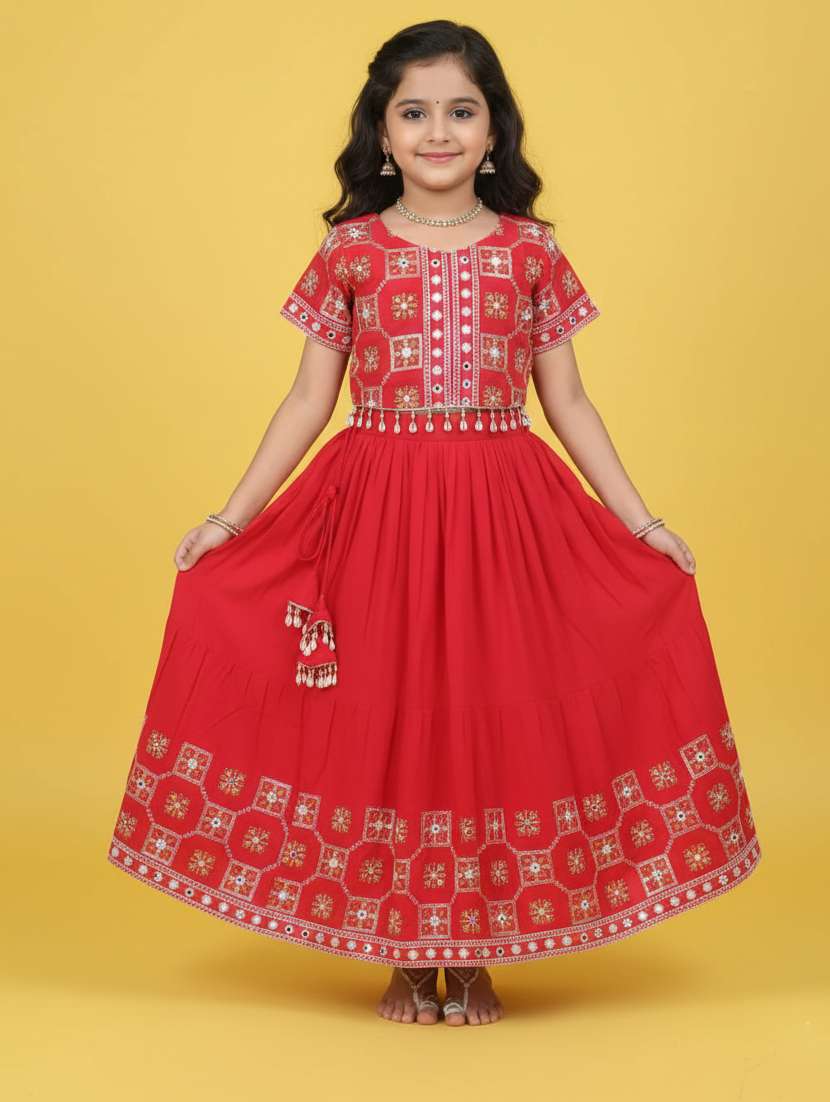 girl maroon cotton blend lehenga choli