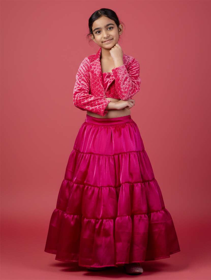girls printed fuchsia silk blend lehenga choli