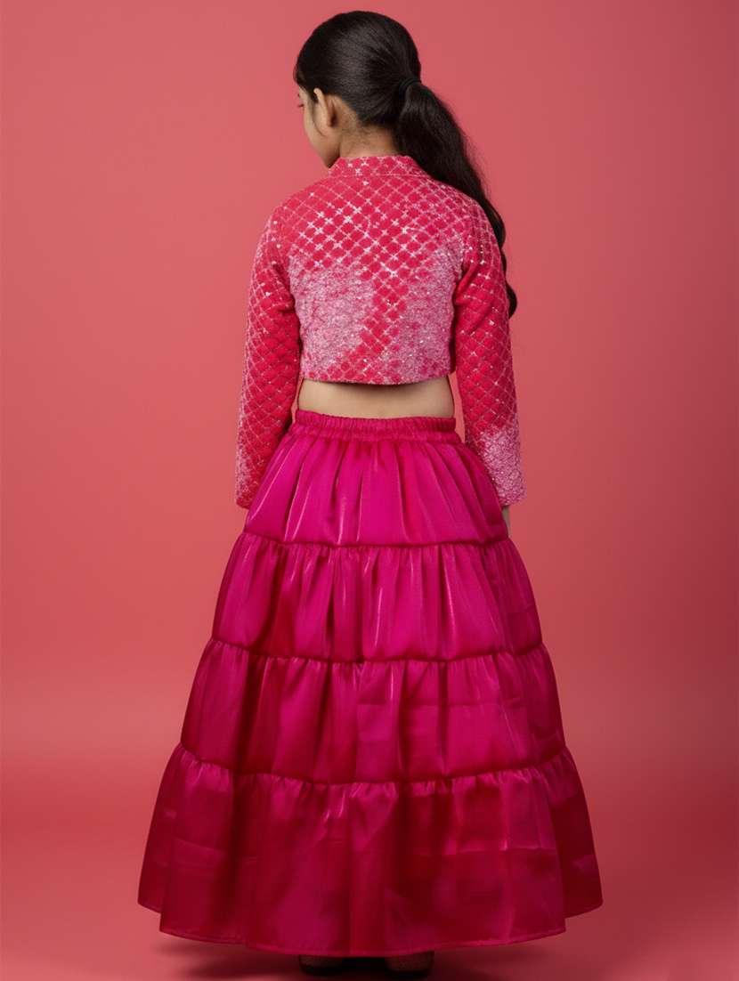 girls printed fuchsia silk blend lehenga choli - 22473432 -  Standard Image - 3