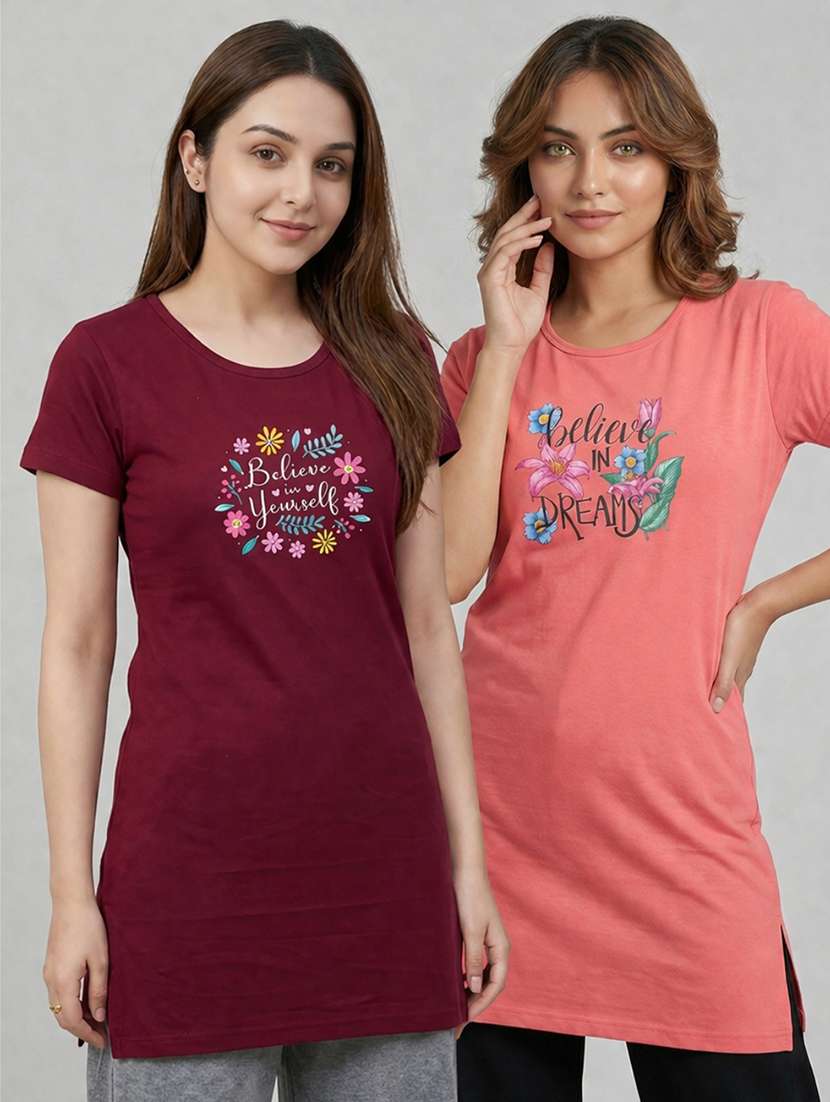 women printed  maroon cotton blend front print t-shirt