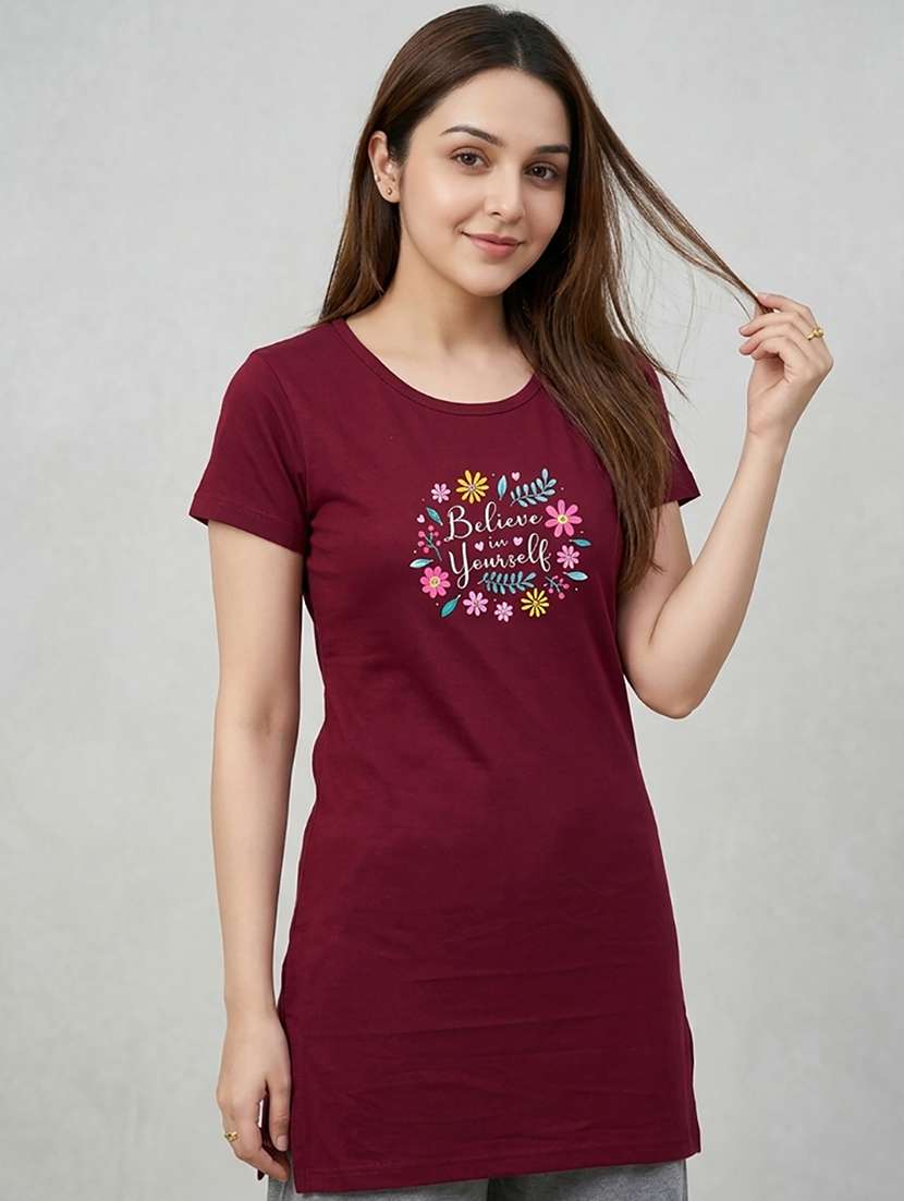 women printed  maroon cotton blend front print t-shirt - 22473518 -  Standard Image - 3
