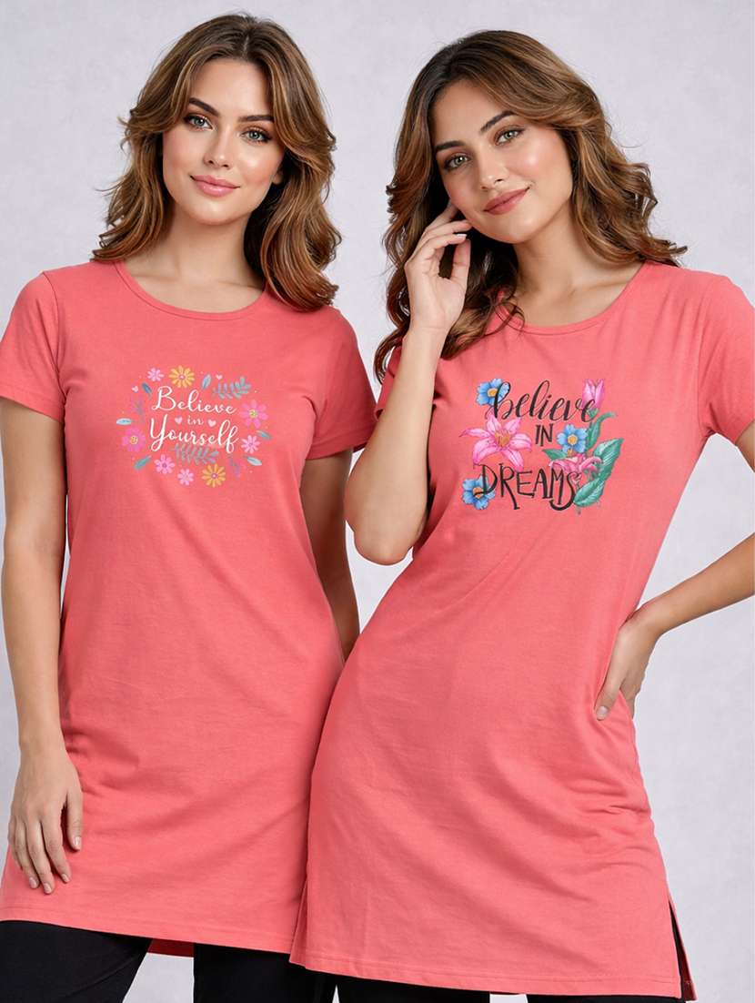 women printed  peach cotton blend front print t-shirt