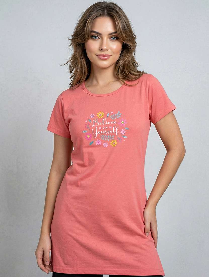 Women Printed Peach Cotton Blend Front Print T-shirt - 22473526 -  Standard Image - 3