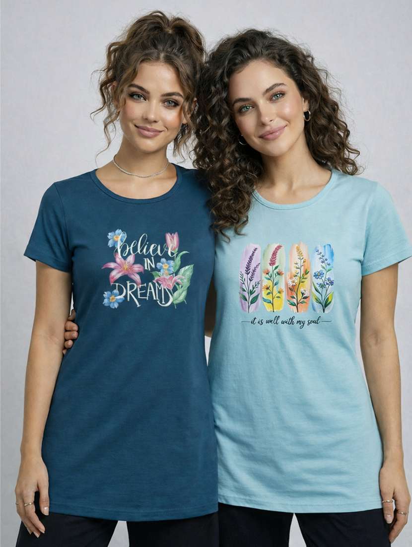 women printed  navy blue cotton blend front print t-shirt