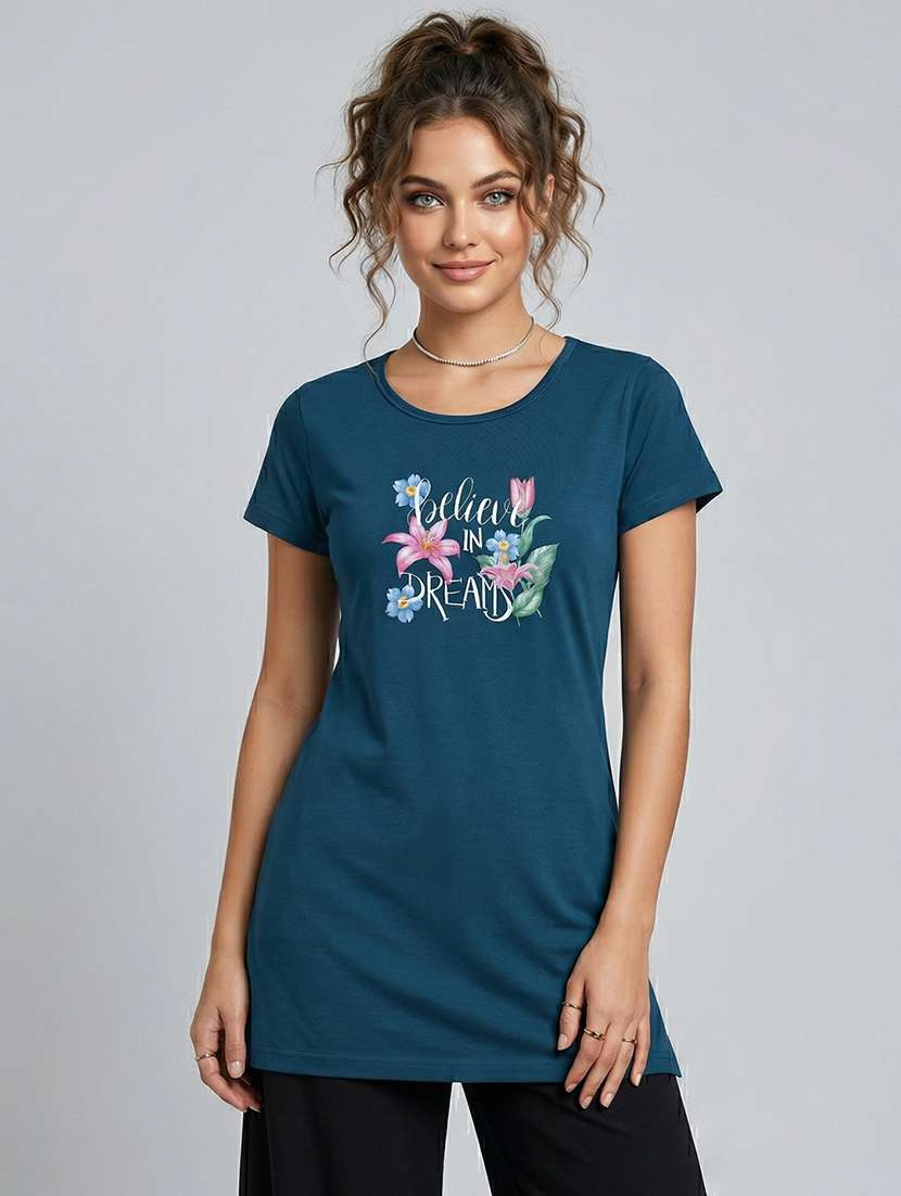 women printed  navy blue cotton blend front print t-shirt - 22473597 -  Standard Image - 3