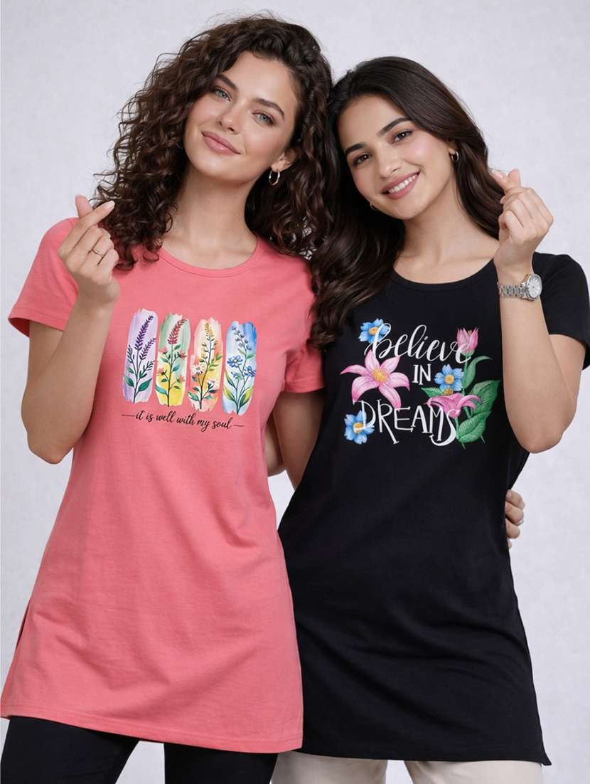 women printed  black cotton blend front print t-shirt