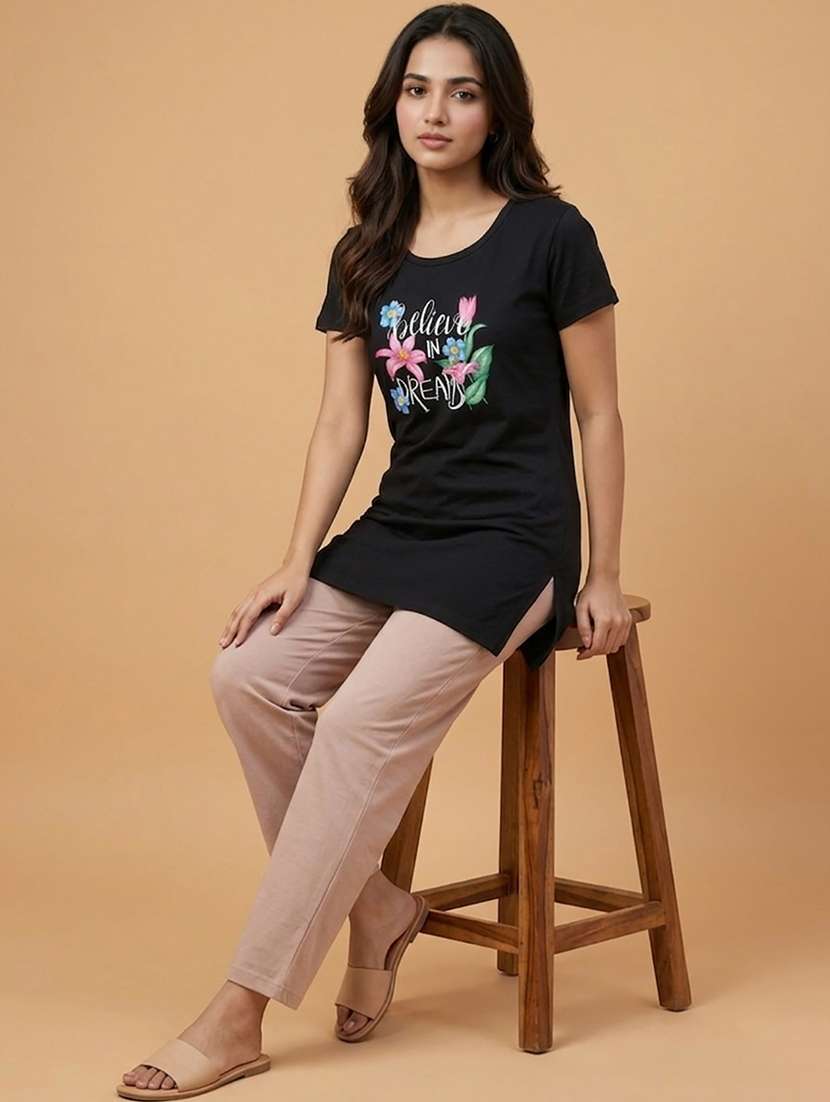 women printed  black cotton blend front print t-shirt - 22473598 -  Standard Image - 5