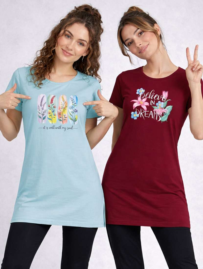 women printed  maroon cotton blend front print t-shirt