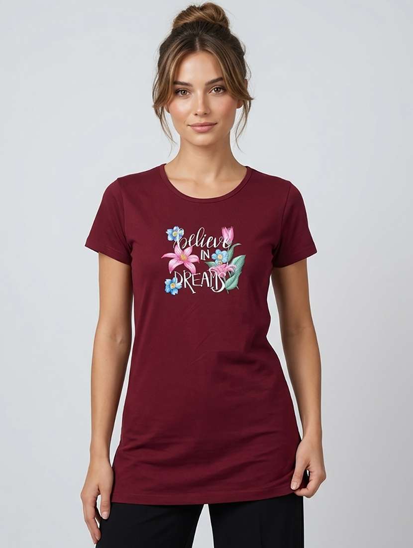 women printed  maroon cotton blend front print t-shirt - 22473602 -  Standard Image - 3