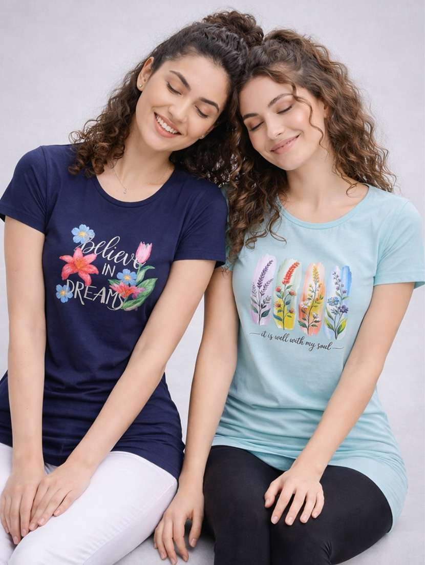 women printed  navy blue cotton blend front print t-shirt