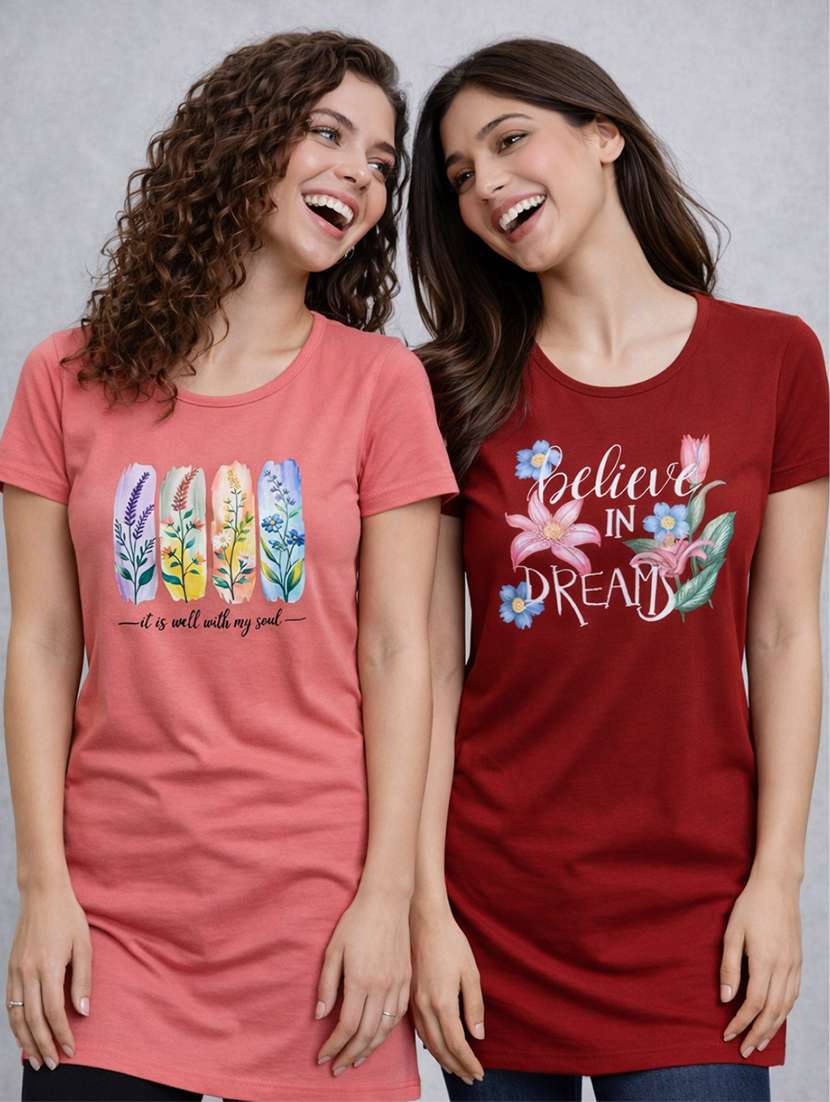 women printed red cotton blend front print t-shirt