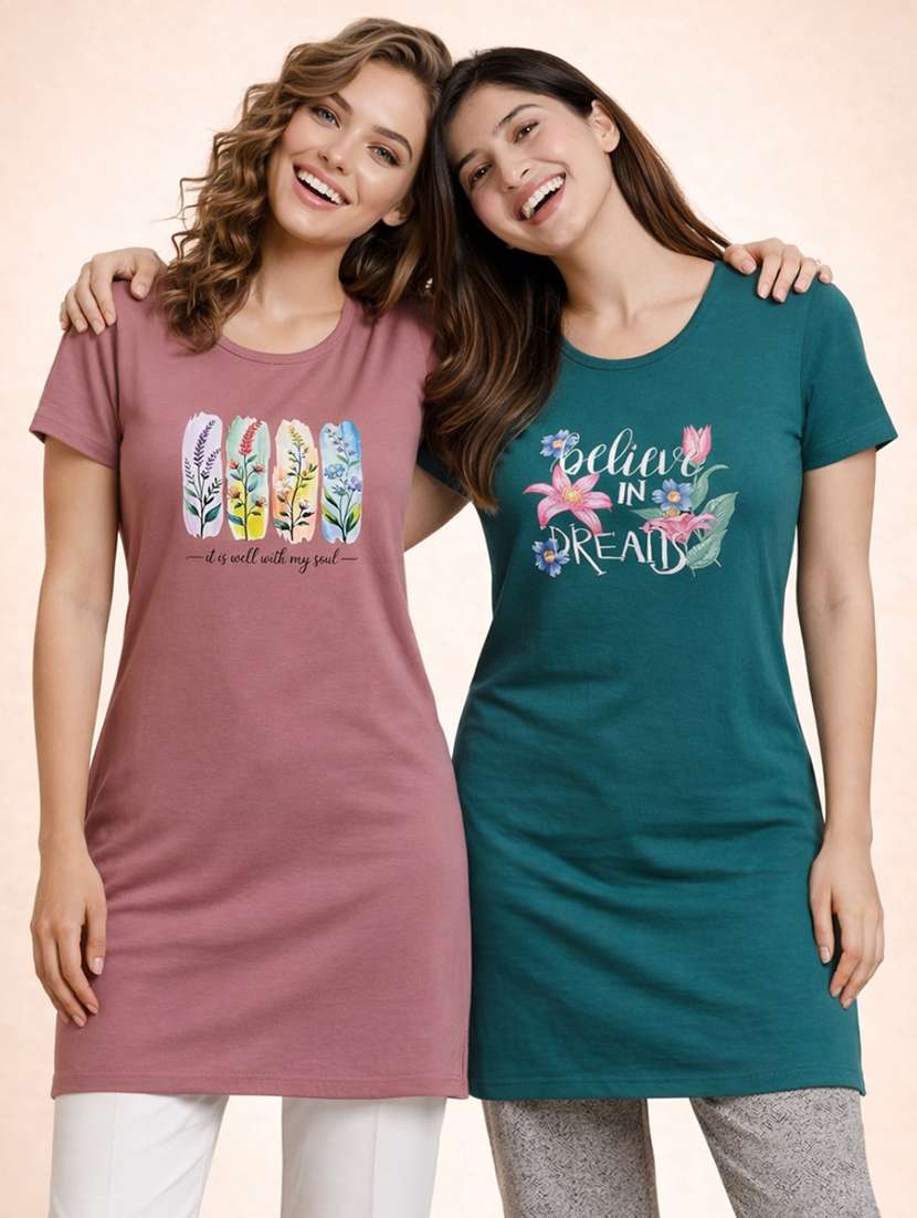 women printed  teal cotton blend front print t-shirt