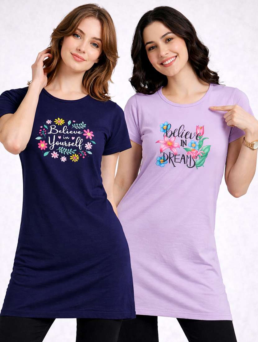 women printed  navy blue cotton blend front print t-shirt