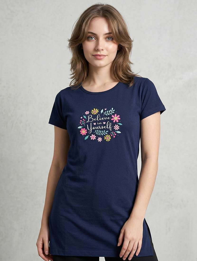 Women Printed Navy Blue Cotton Blend Front Print T-shirt - 22473616 -  Standard Image - 3