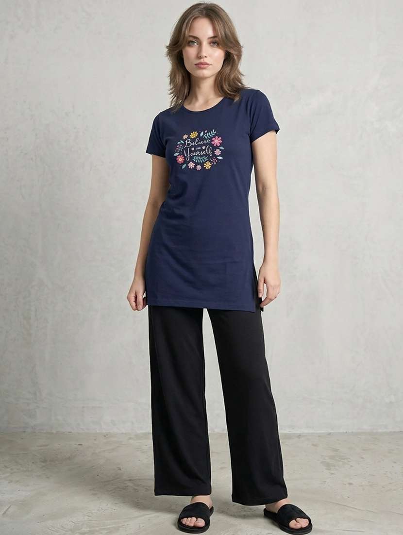 Women Printed Navy Blue Cotton Blend Front Print T-shirt - 22473616 -  Standard Image - 5