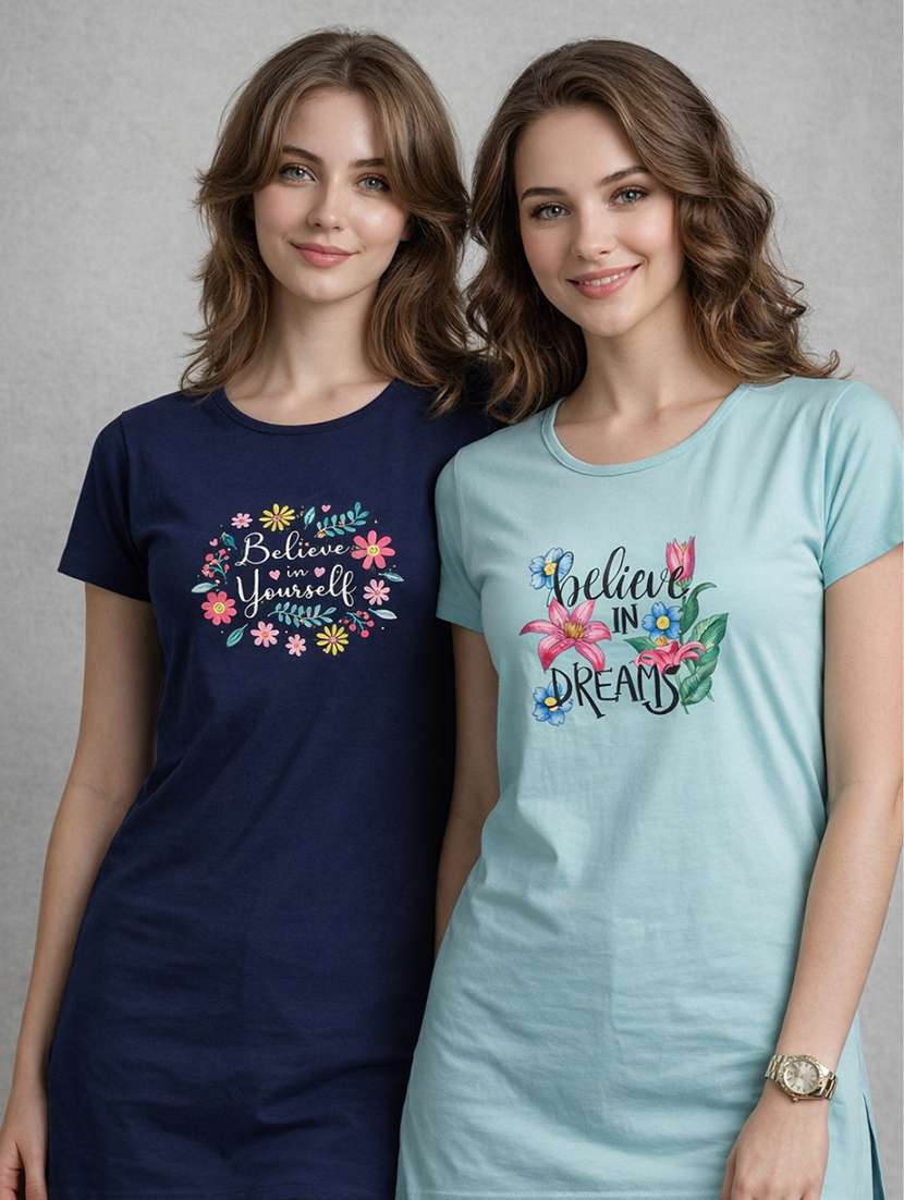 women printed  navy blue cotton blend front print t-shirt
