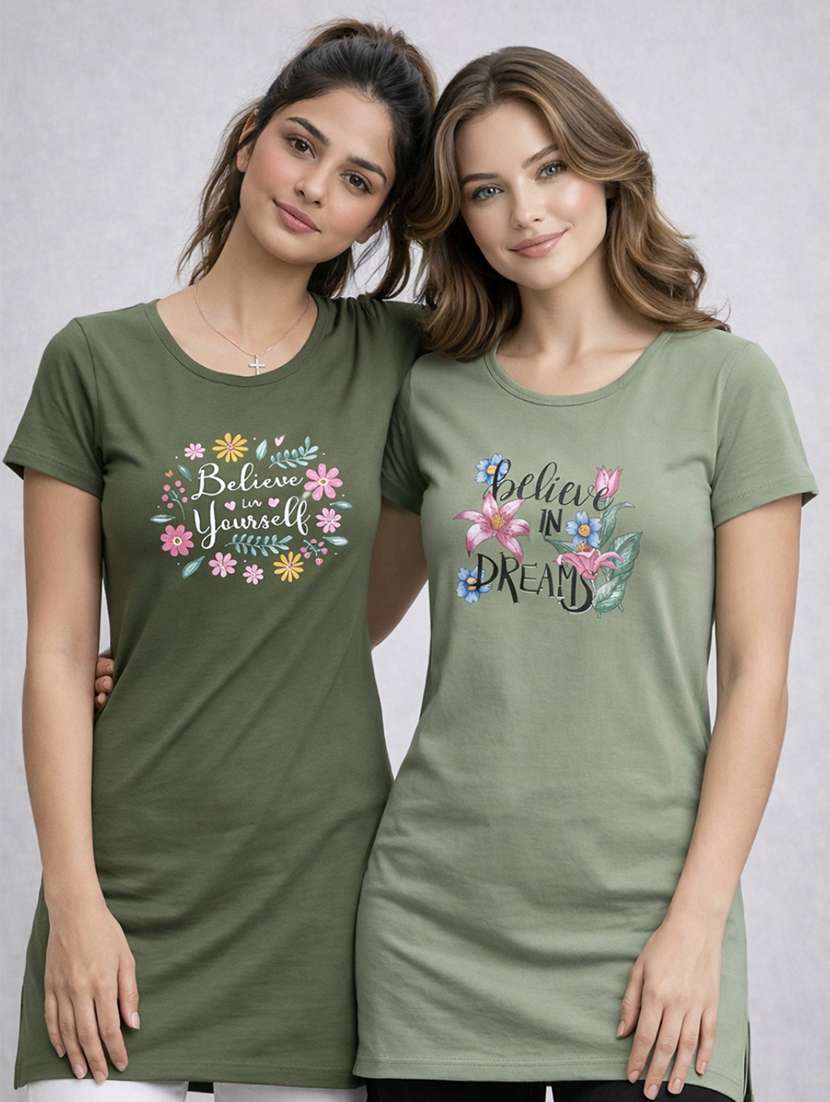 women printed  olive cotton blend front print t-shirt