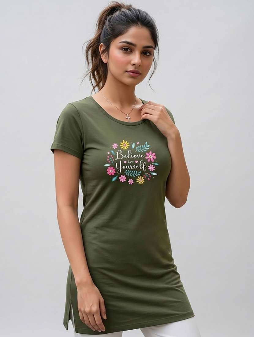 women printed  olive cotton blend front print t-shirt - 22473621 -  Standard Image - 3