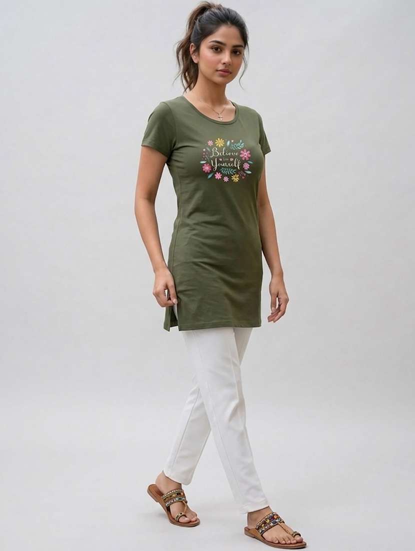women printed  olive cotton blend front print t-shirt - 22473621 -  Standard Image - 5