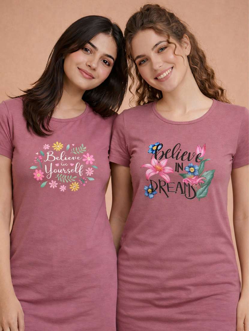 women printed  peach cotton blend front print t-shirt