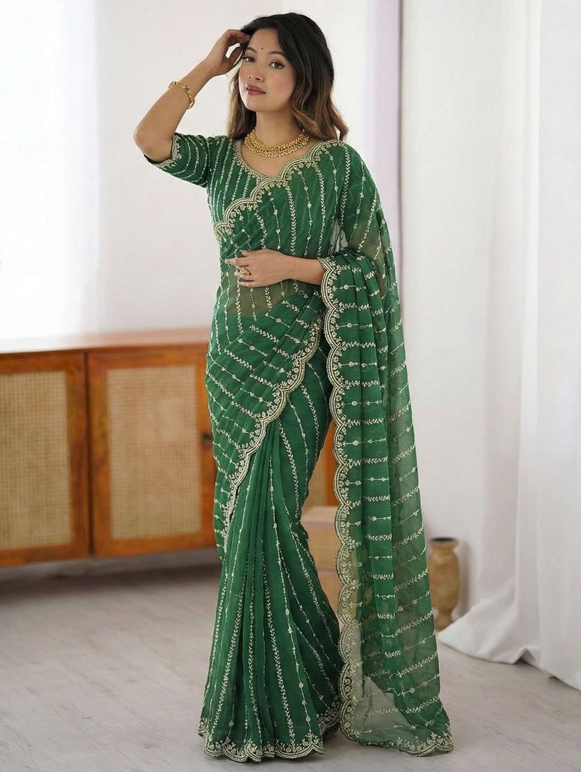 women green embellished saree with blouse