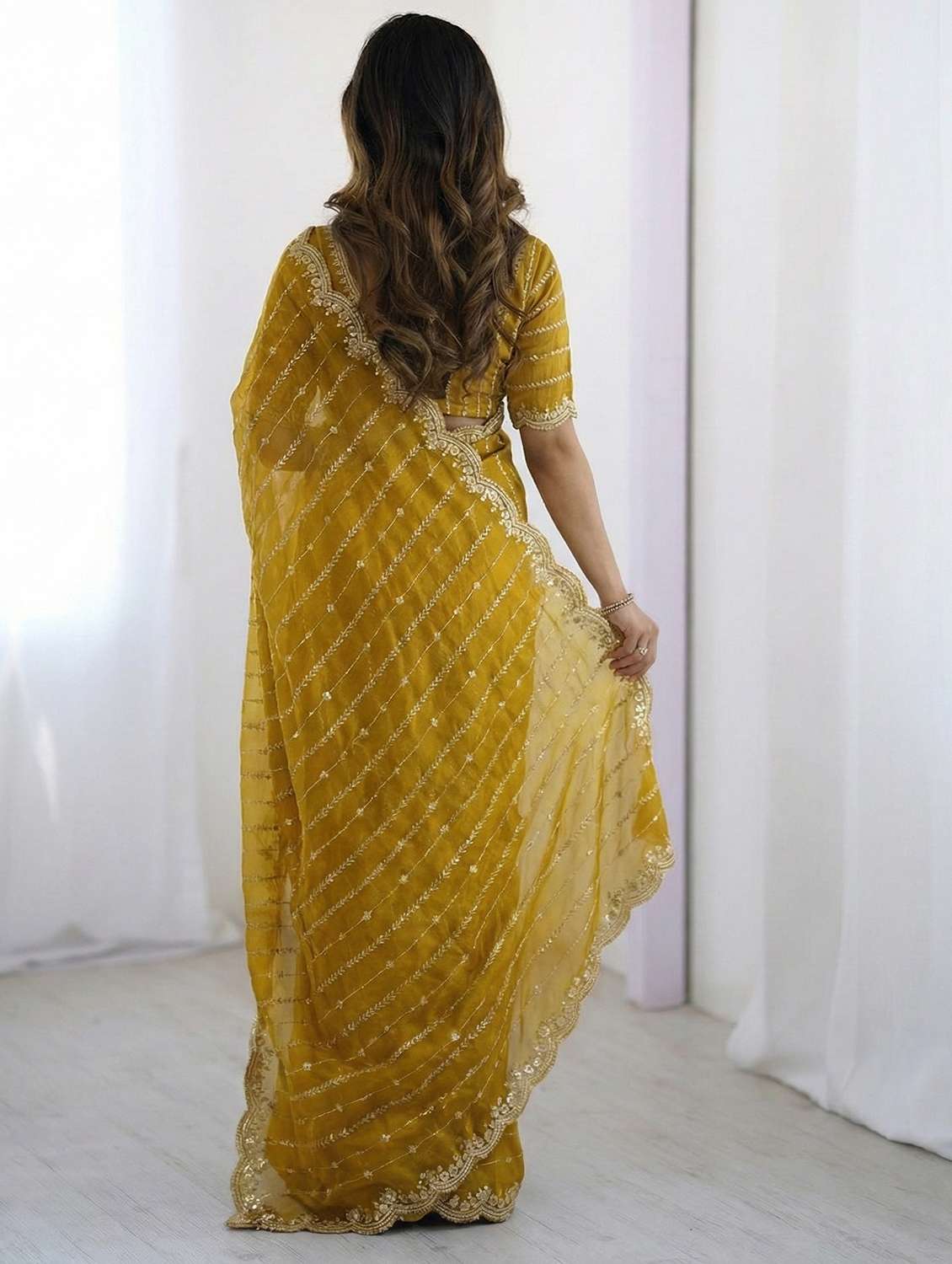 women mustard embellished saree with blouse - 22473655 -  Standard Image - 3